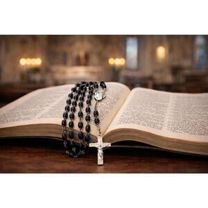 Vintage Rosary with Onyx or Hematite beads and the Virgin Mary 42"